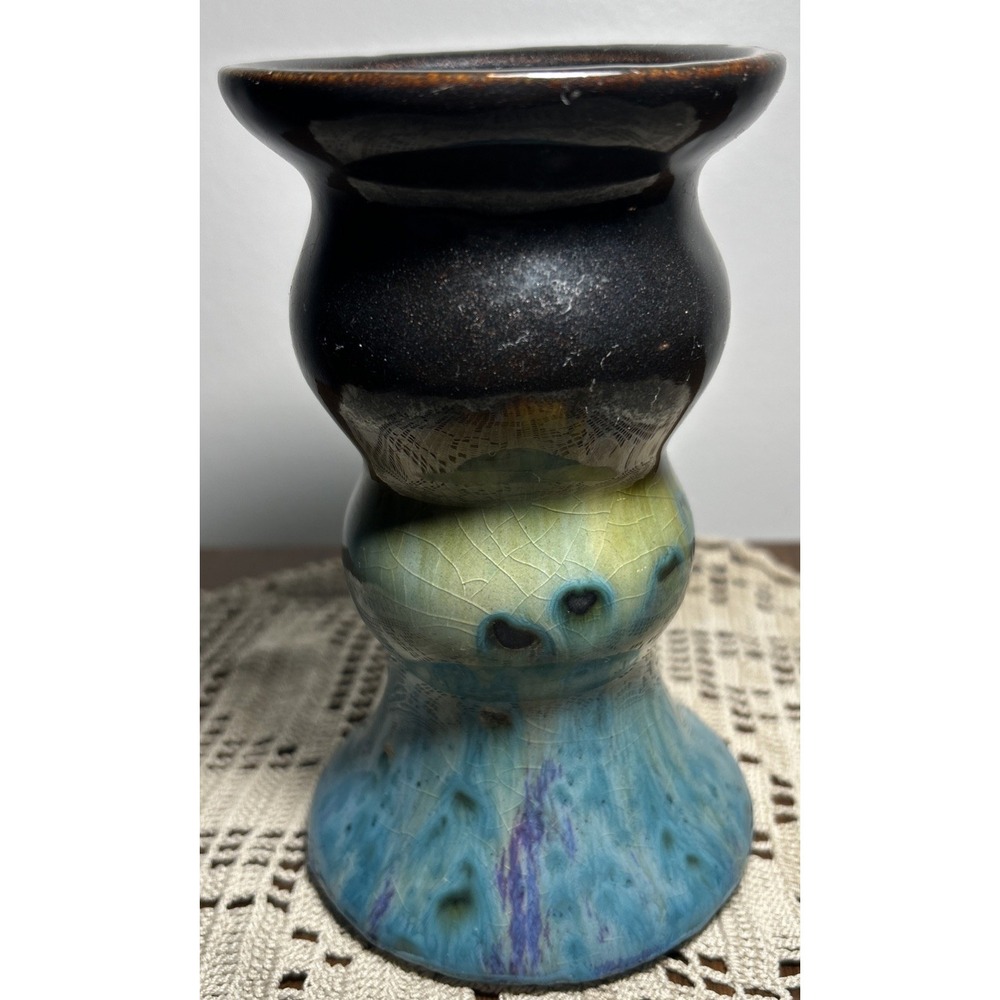 Vintage Pottery Hand Made Ceramic Glaze Pedestal Candle Holder 6" tall